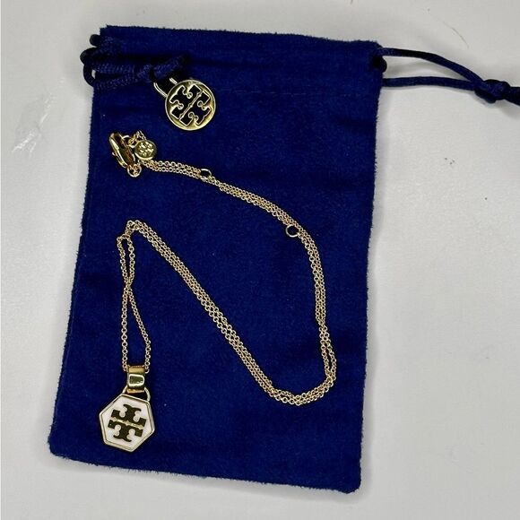 Tory Burch Kira Hexagon Logo Pendant Necklace Gold-Plated Brass White Enamel 18” - Picture 3 of 6